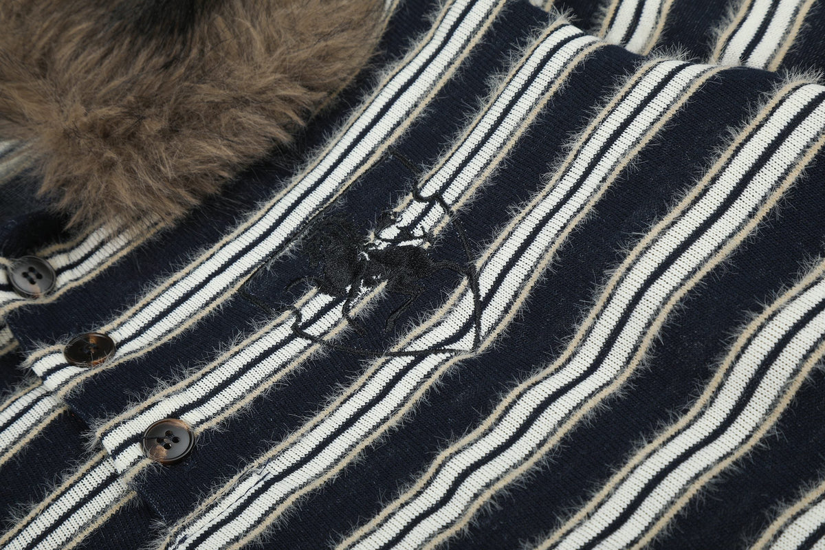 Madxmarx Vintage Striped Fur Collar Long Sleeve Polo