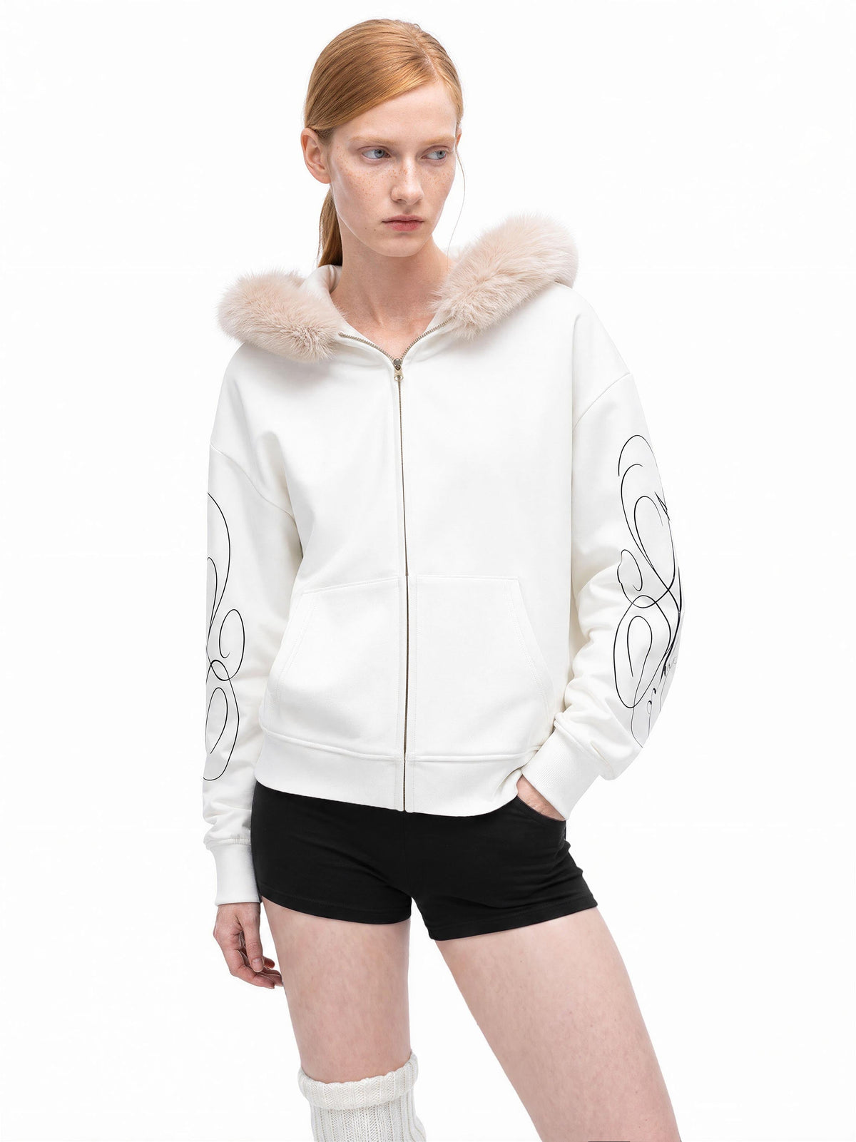 Madxmarx Faux Fur Hood Graphic Zip-Up Hoodie