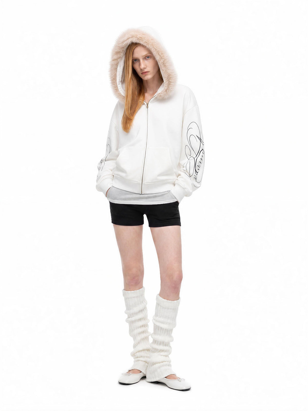 Madxmarx Faux Fur Hood Graphic Zip-Up Hoodie