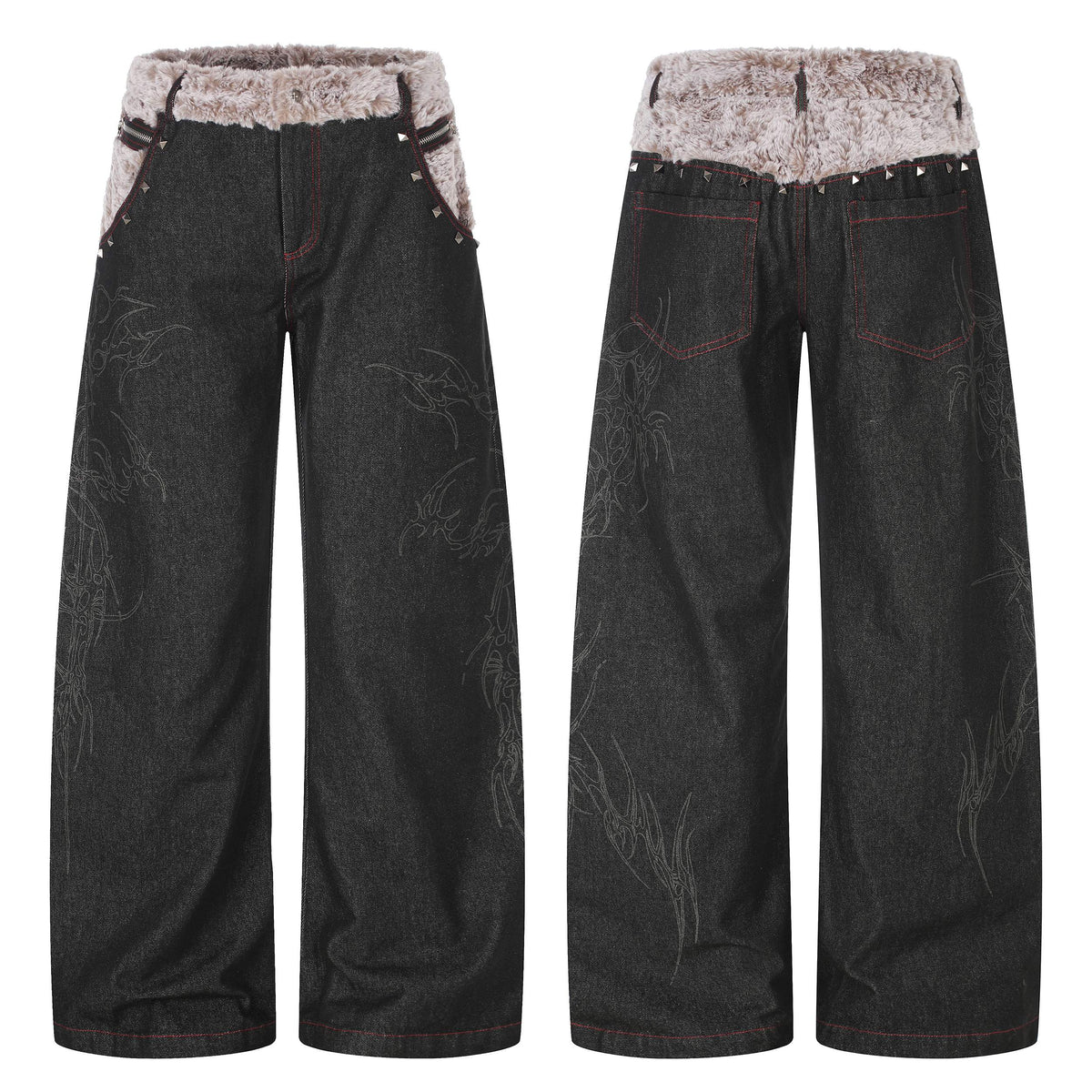 Madxmarx Faux-Fur Waist Graphic Wide-Leg Jeans