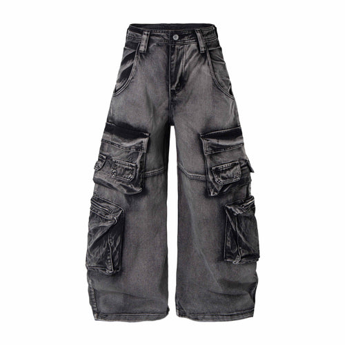 Madxmarx Multi-Pocket Washed Cargo Jeans - S / Black