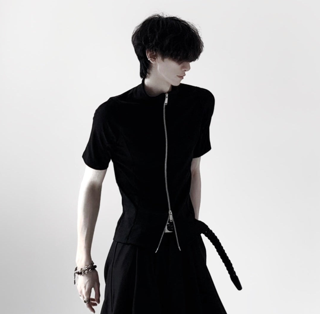 Plain Zip-Up Short Sleeve Shirt
