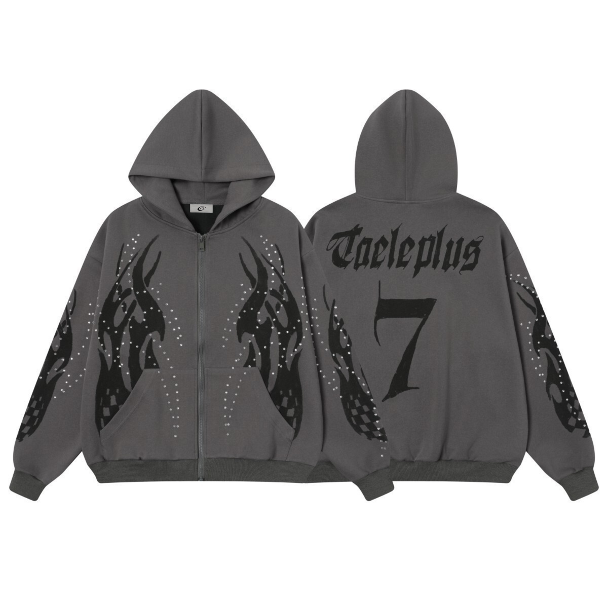 Madxmarx Flame Print Rhinestone Zip-Up Hoodie