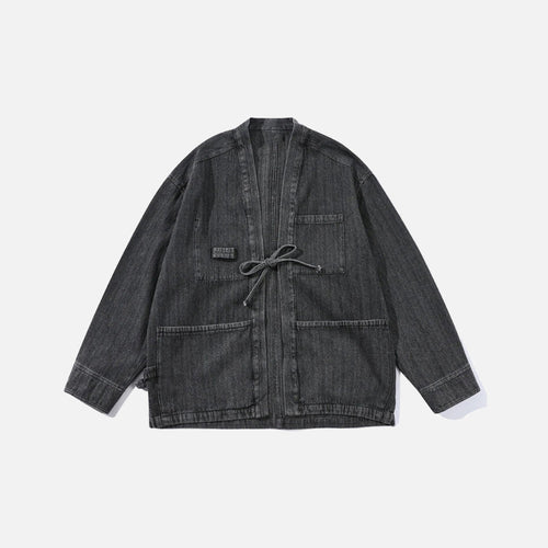 Jaqueta Jeans Utilitária com Amarração Relaxada - Preto / M