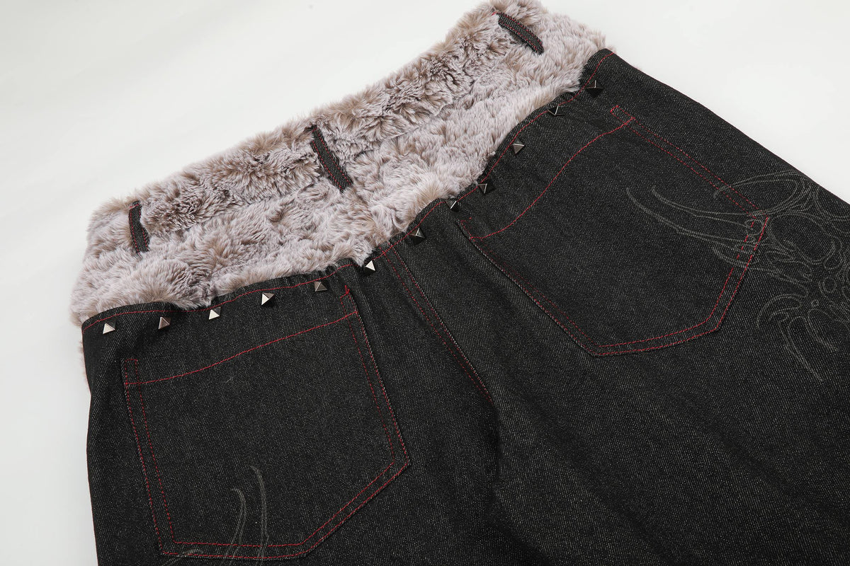 Madxmarx Faux-Fur Waist Graphic Wide-Leg Jeans