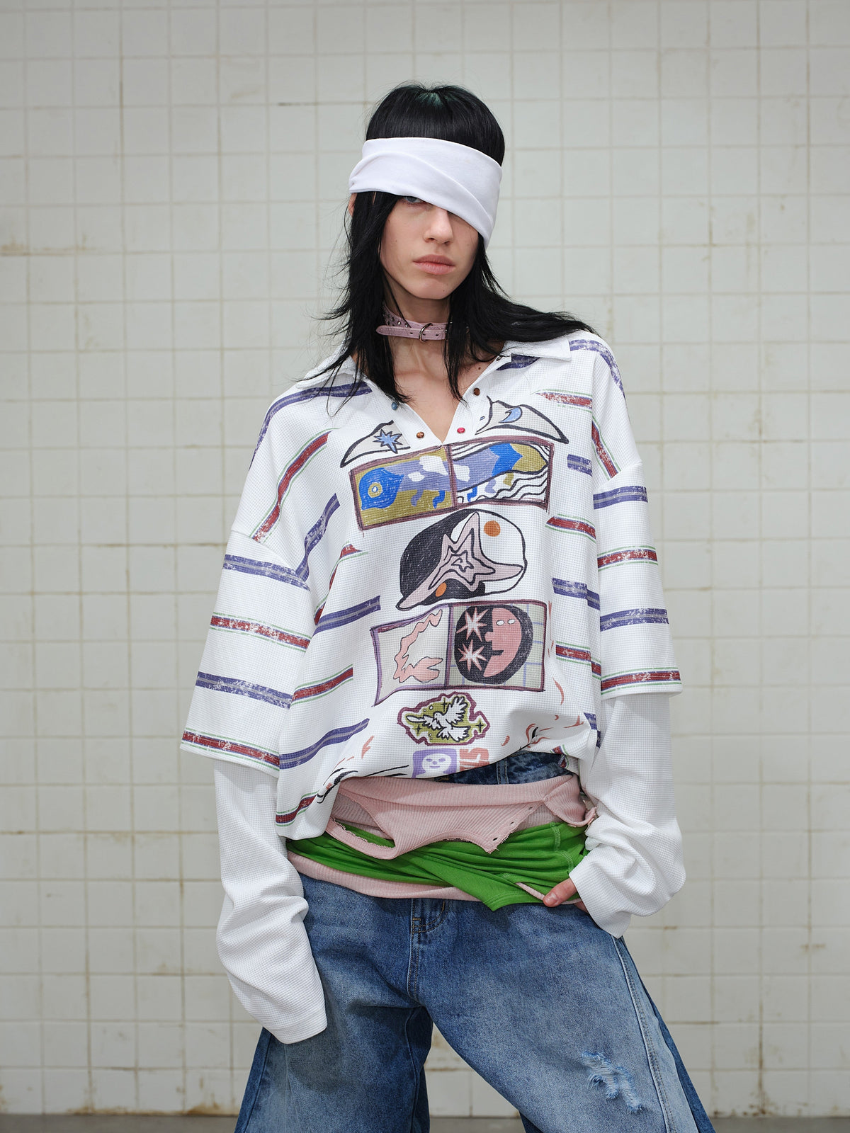 Madxmarx Abstract Stripe Long-Sleeve Polo Shirt