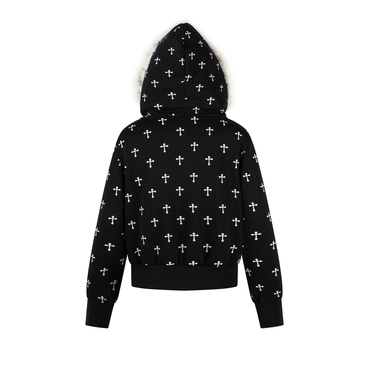 Madxmarx Cross Print Faux Fur Hooded Jacket