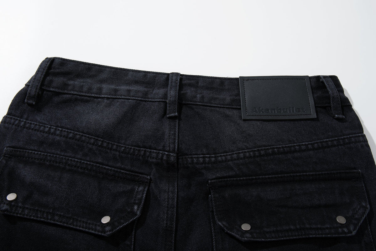 Calça Jeans Wide-Leg Preta Canelada Desfiada Madxmarx