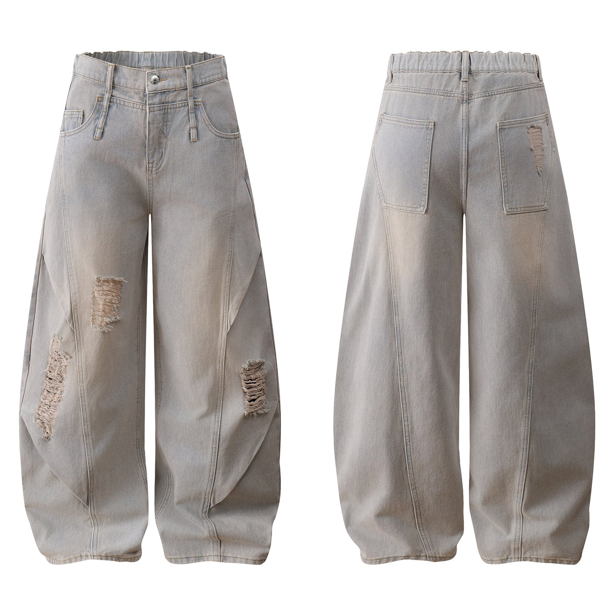 Madxmarx Distressed Curved Wide-Leg Denim Pants