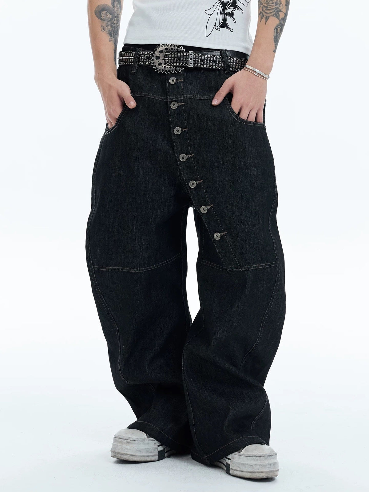 Pantalon large en jean à boutons asymétriques Madxmarx