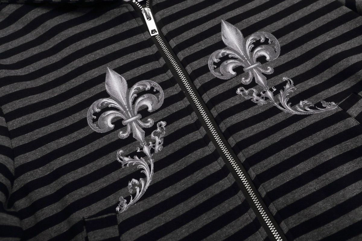 Madxmarx Fleur-De-Lis Striped Zip-Up Hoodie