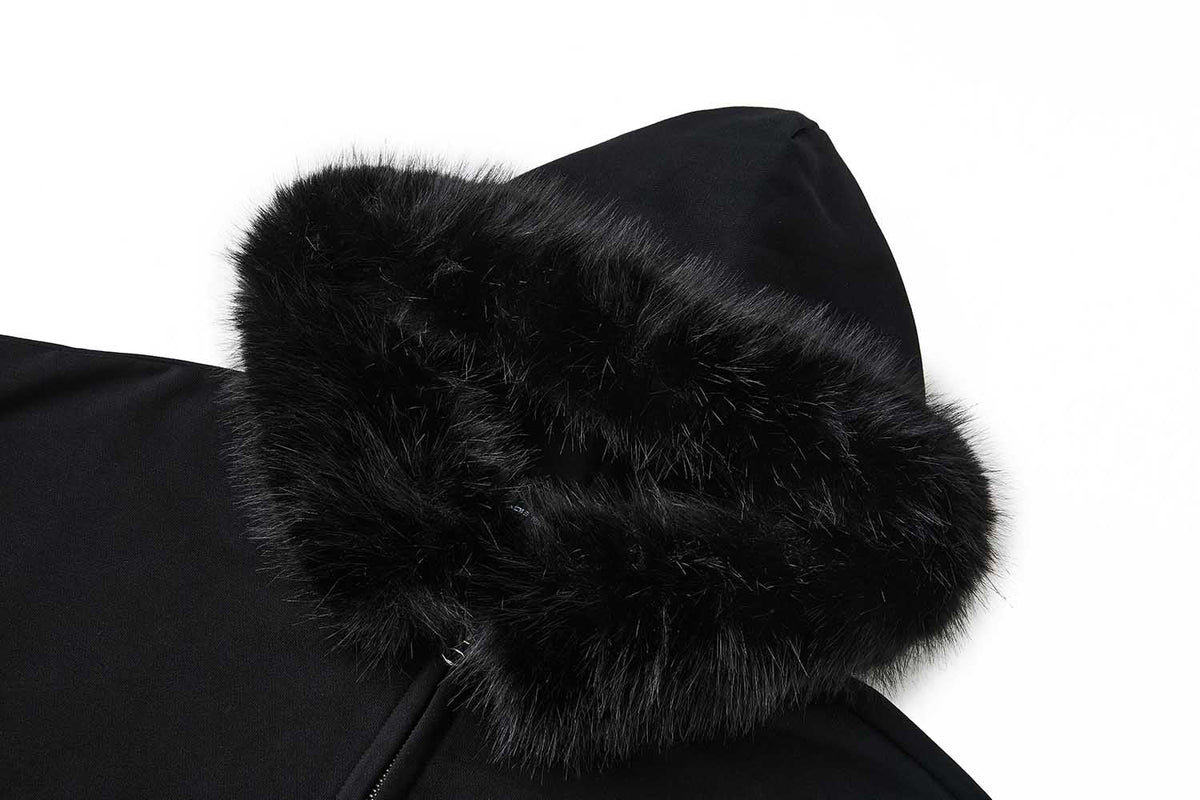 Madxmarx Faux Fur Hood Graphic Zip-Up Hoodie