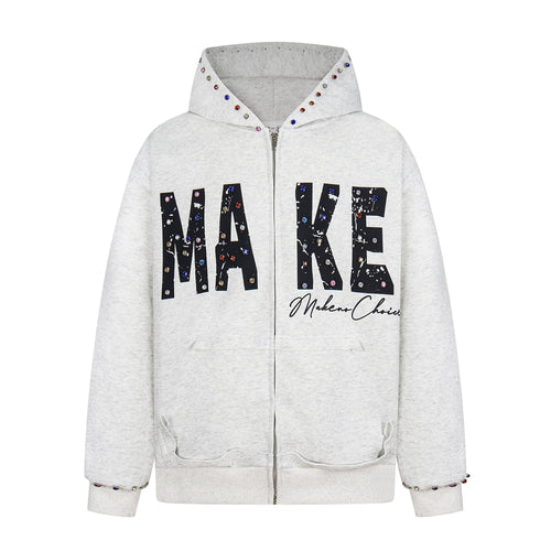 Madxmarx “MAKE” Studded Zip Hoodie - M / Grey