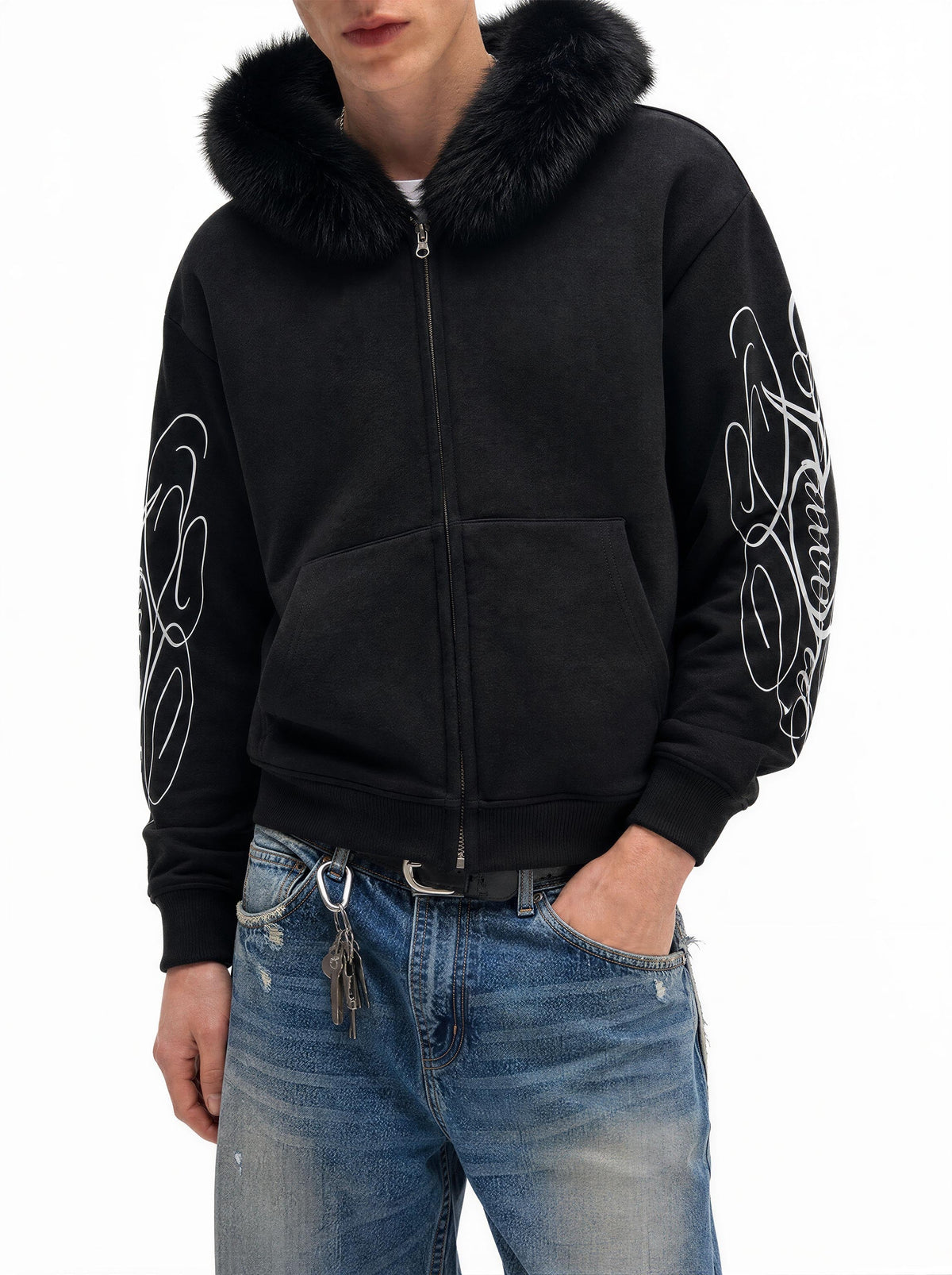 Madxmarx Faux Fur Hood Graphic Zip-Up Hoodie