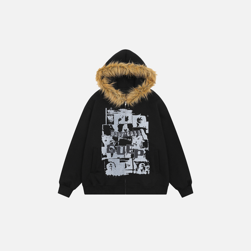 Moletom Streetwear Y2K Oversized com Capuz e Pele Sintética - Preto / S