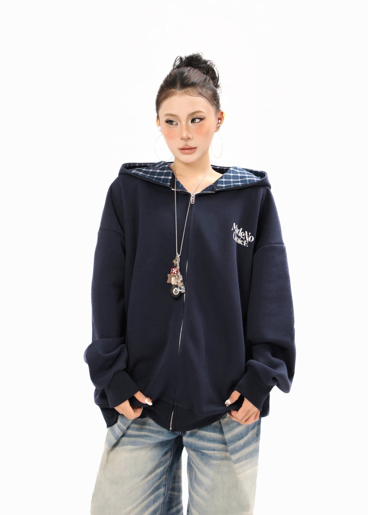 Madxmarx Plaid-Lined Minimal Zip Hoodie