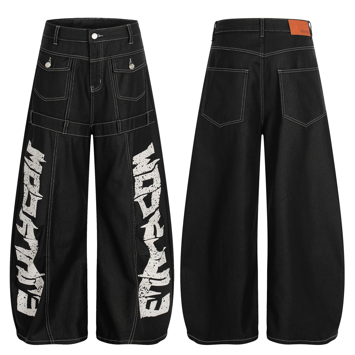 Pantalon en jean large à surpiqûres contrastantes imprimé Madxmarx