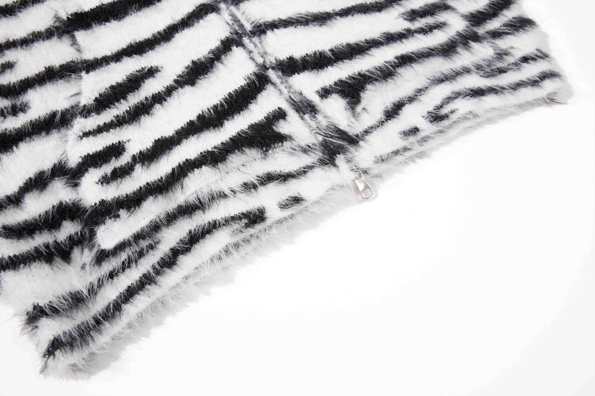 Madxmarx Fuzzy Zebra Graphic Zip-Up Sweater