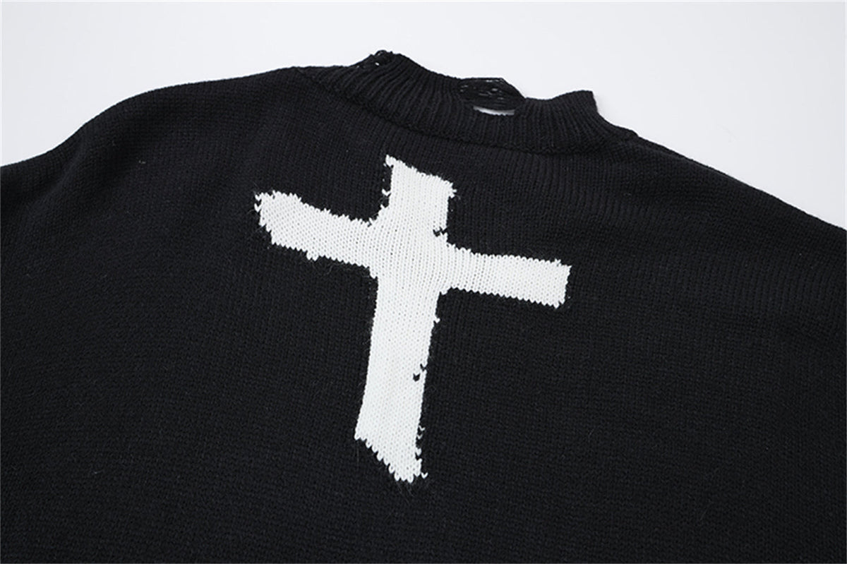 Madxmarx Distressed Cross Knit Sweater
