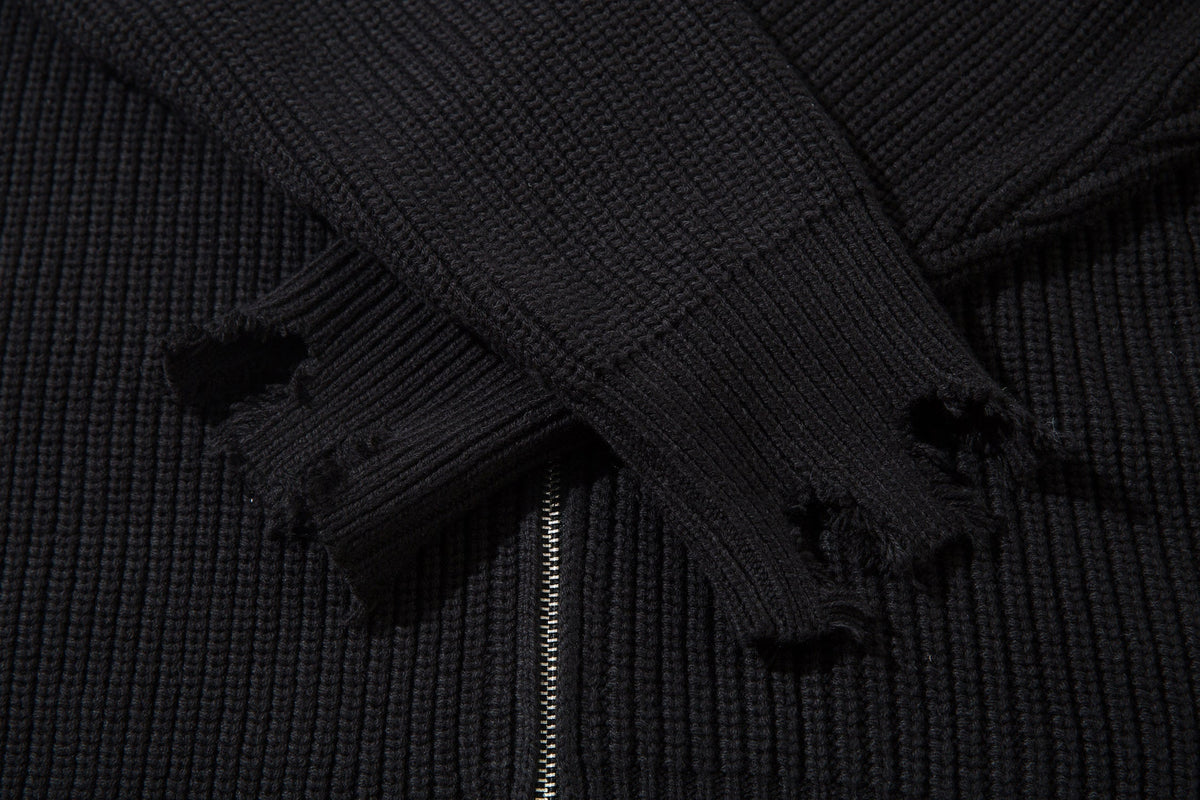 Madxmarx Distressed Zip-Up Knit Cardigan