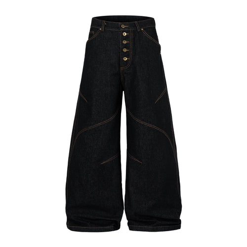 Madxmarx Curved Panel Wide Leg Denim Pants - M / Black