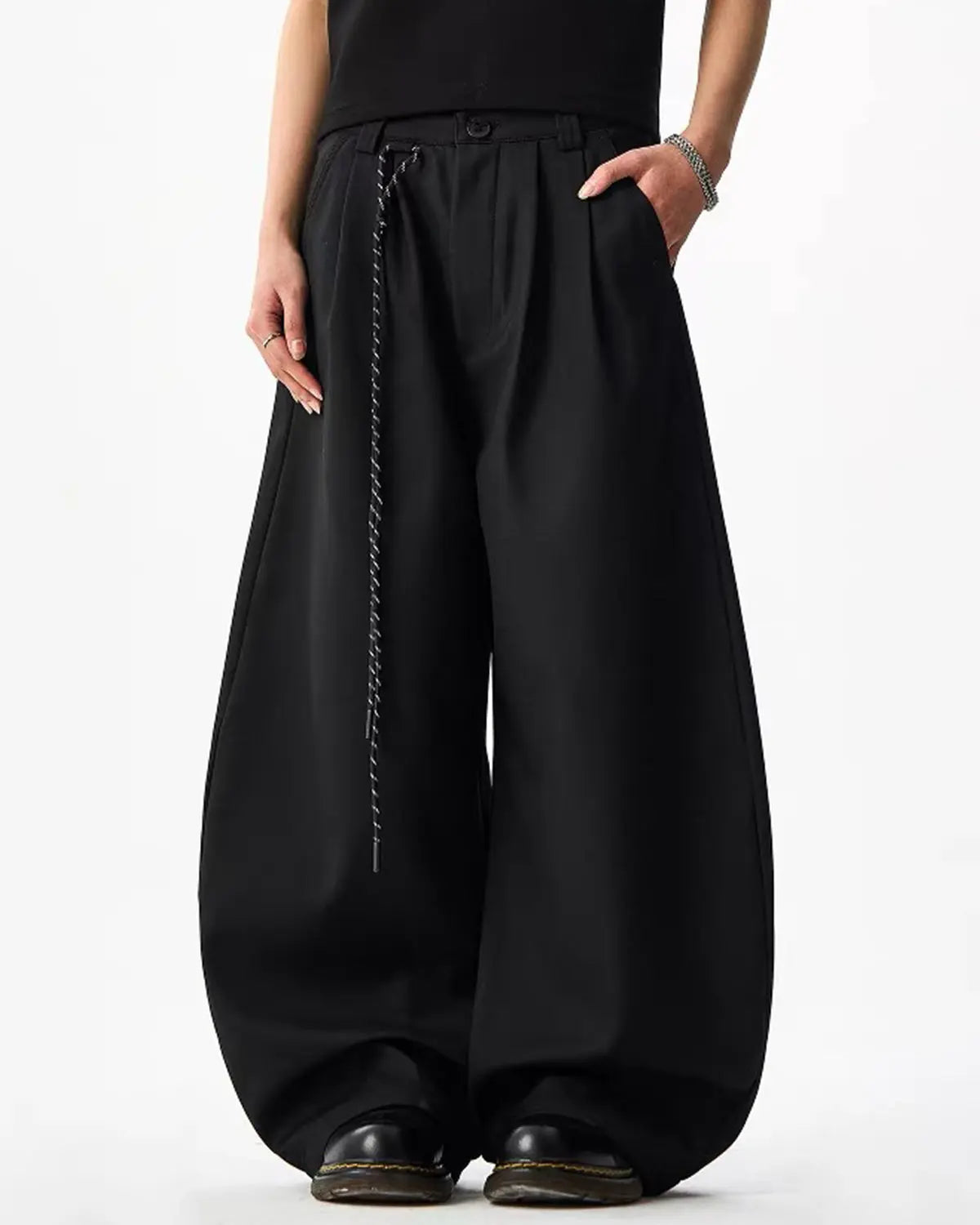 Rope Belt Wide Leg Tailored Pants