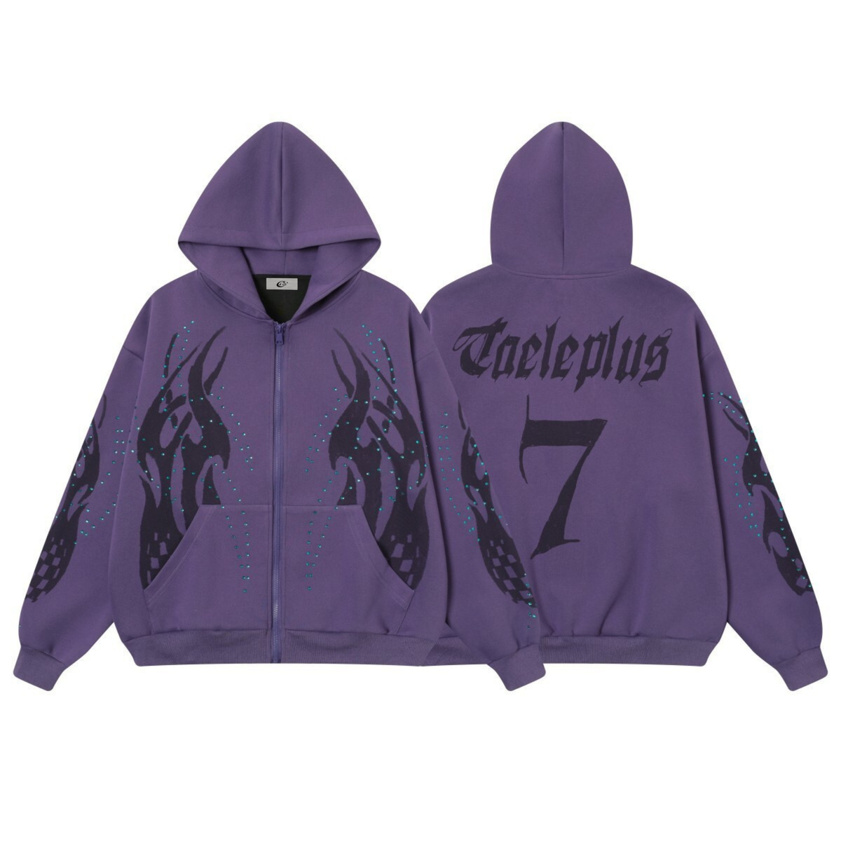 Madxmarx Flame Print Rhinestone Zip-Up Hoodie