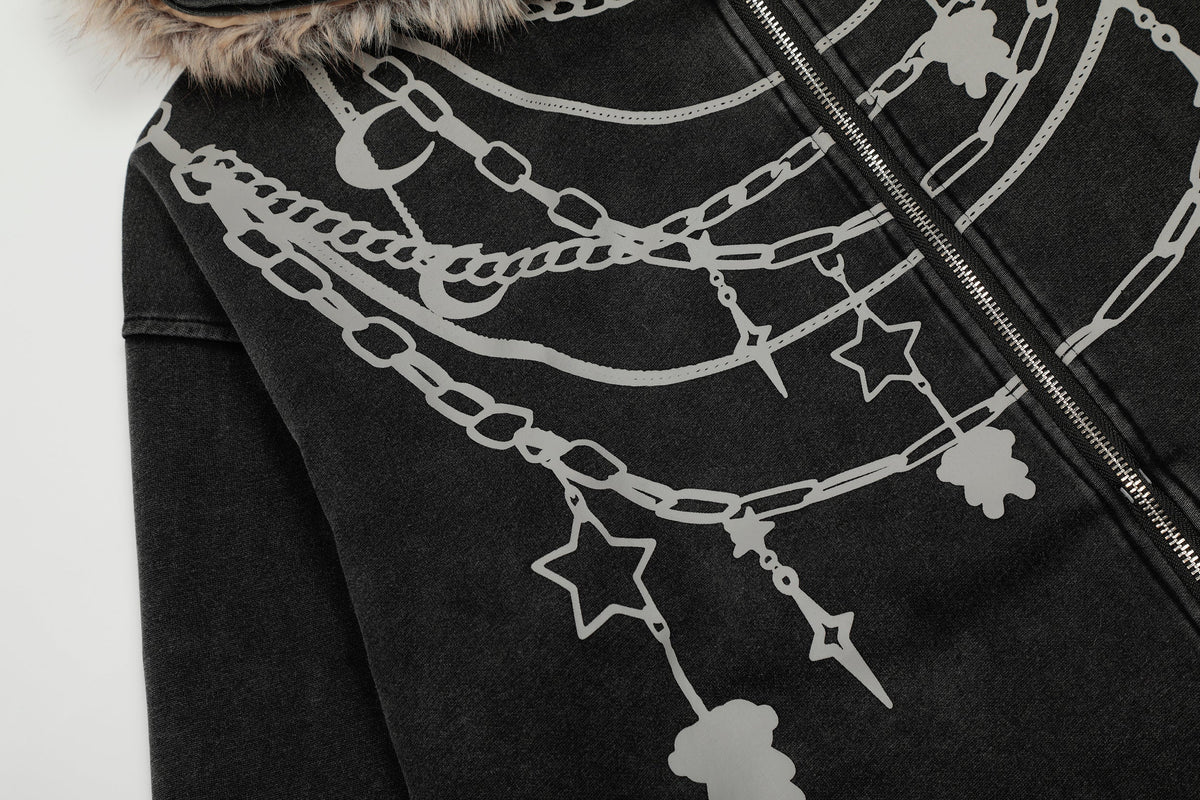 Madxmarx Chain Print Faux Fur Hooded Jacket