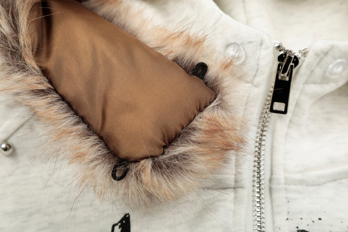 Madxmarx Faux-Fur Collar Graphic Zip Hoodie