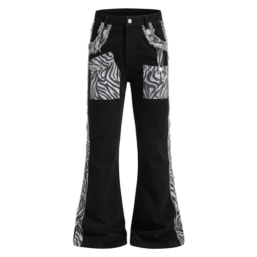 Madxmarx Zebra Panel Cargo Flared Jeans - XS / Black