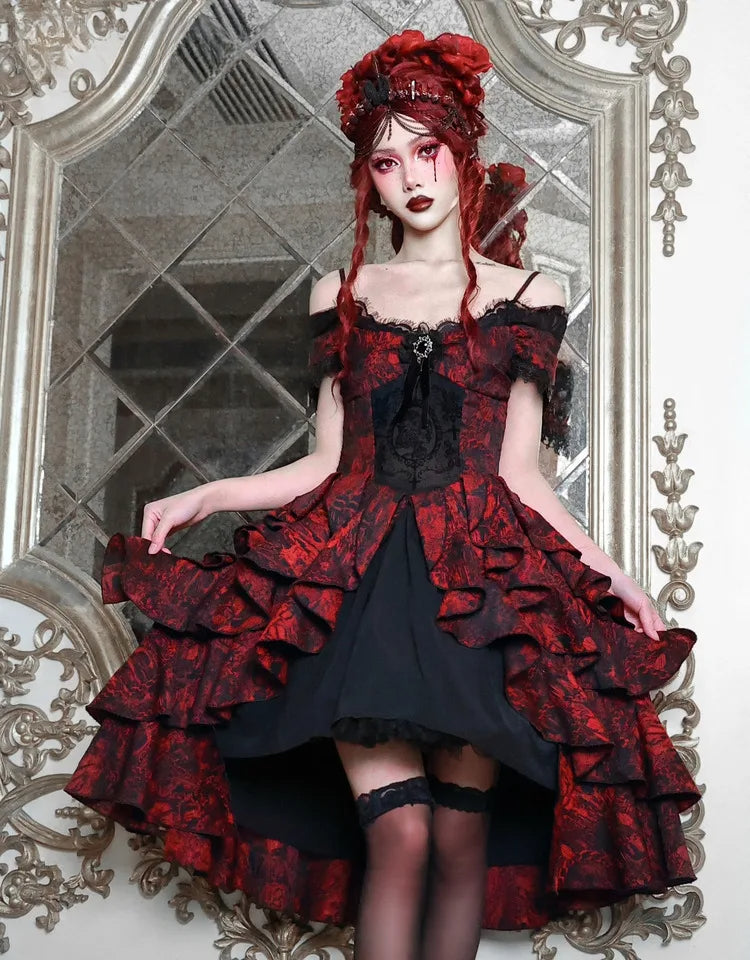 Robe Lolita d'automne rouge et noire de style gothique japonais, épaules dénudées, coupe ample, taille haute, idéale pour Halloween et Halloween.