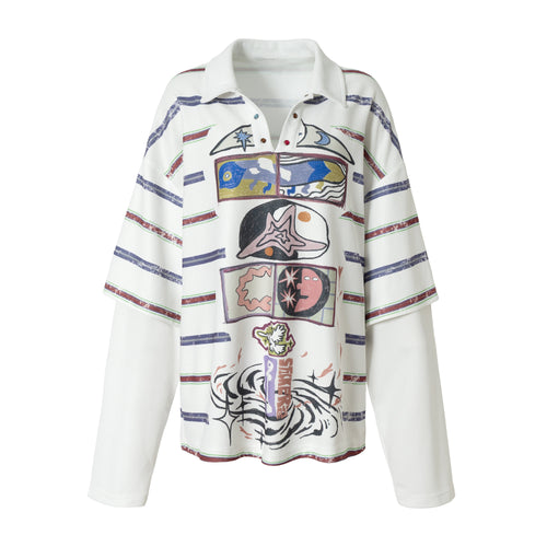 Madxmarx Abstract Stripe Long-Sleeve Polo Shirt - M / White