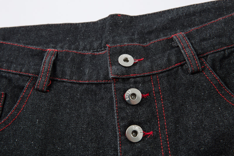 Madxmarx Red Stitch Embroidered Wide-Leg Jeans