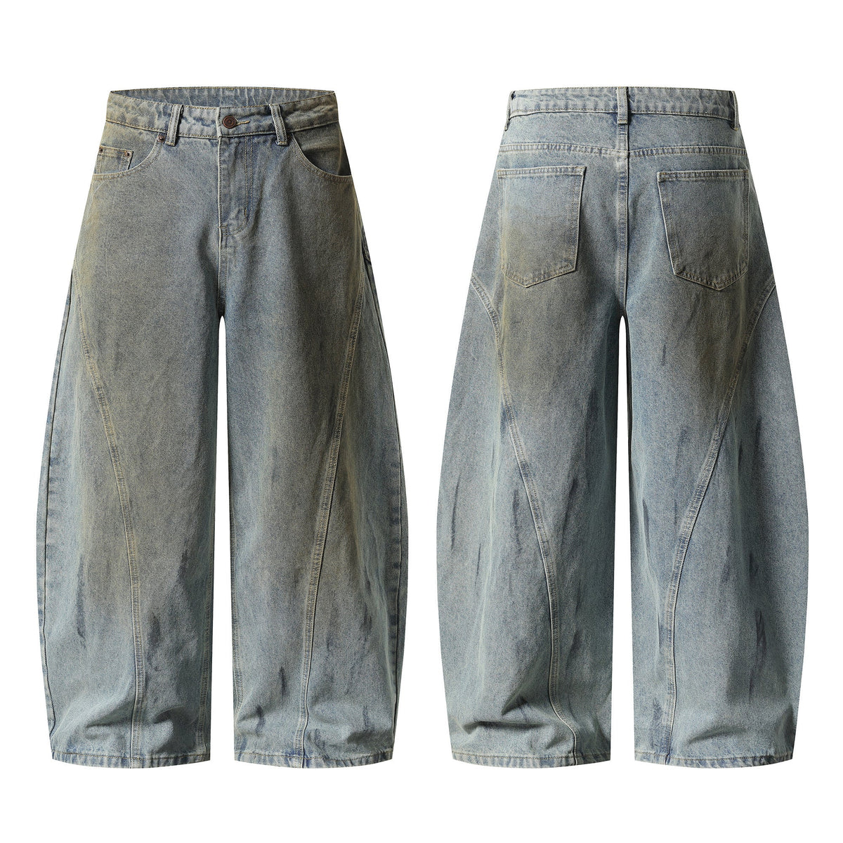 Madxmarx Faded Curved-Panel Wide-Leg Denim Pants