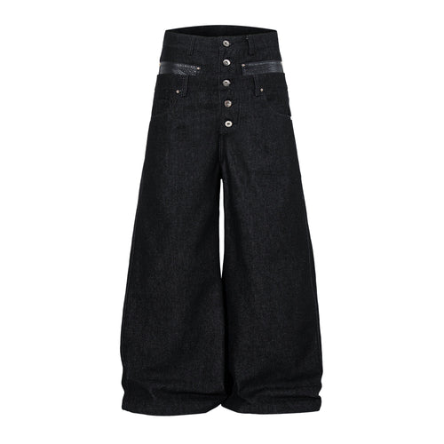 Madxmarx Wide Leg Button Fly Denim Pants - M / Black