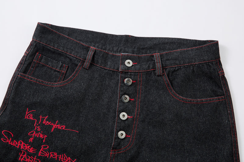 Madxmarx Red Stitch Embroidered Wide-Leg Jeans