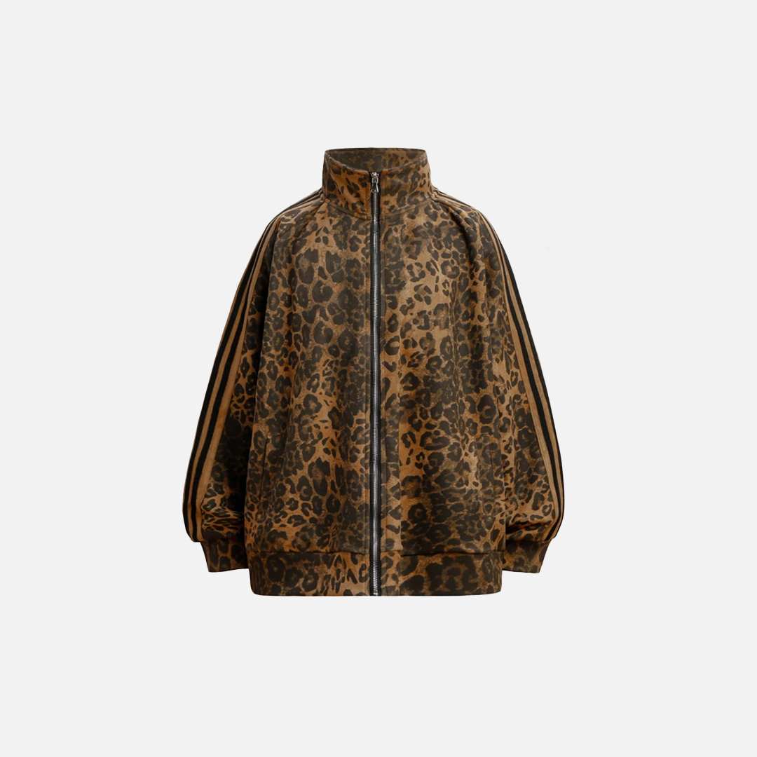 Leopard Zipper Retro Stand-Up Collar Suede Jacket