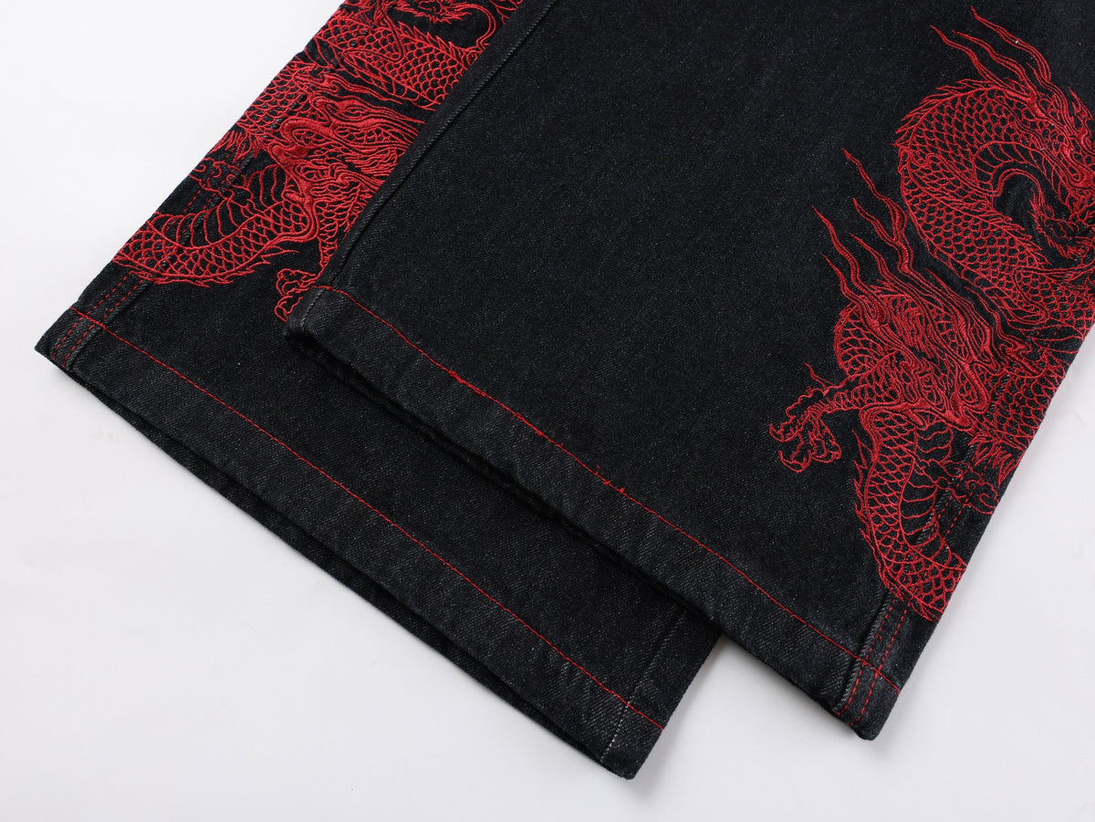 Pantalon en jean large brodé dragon Madxmarx