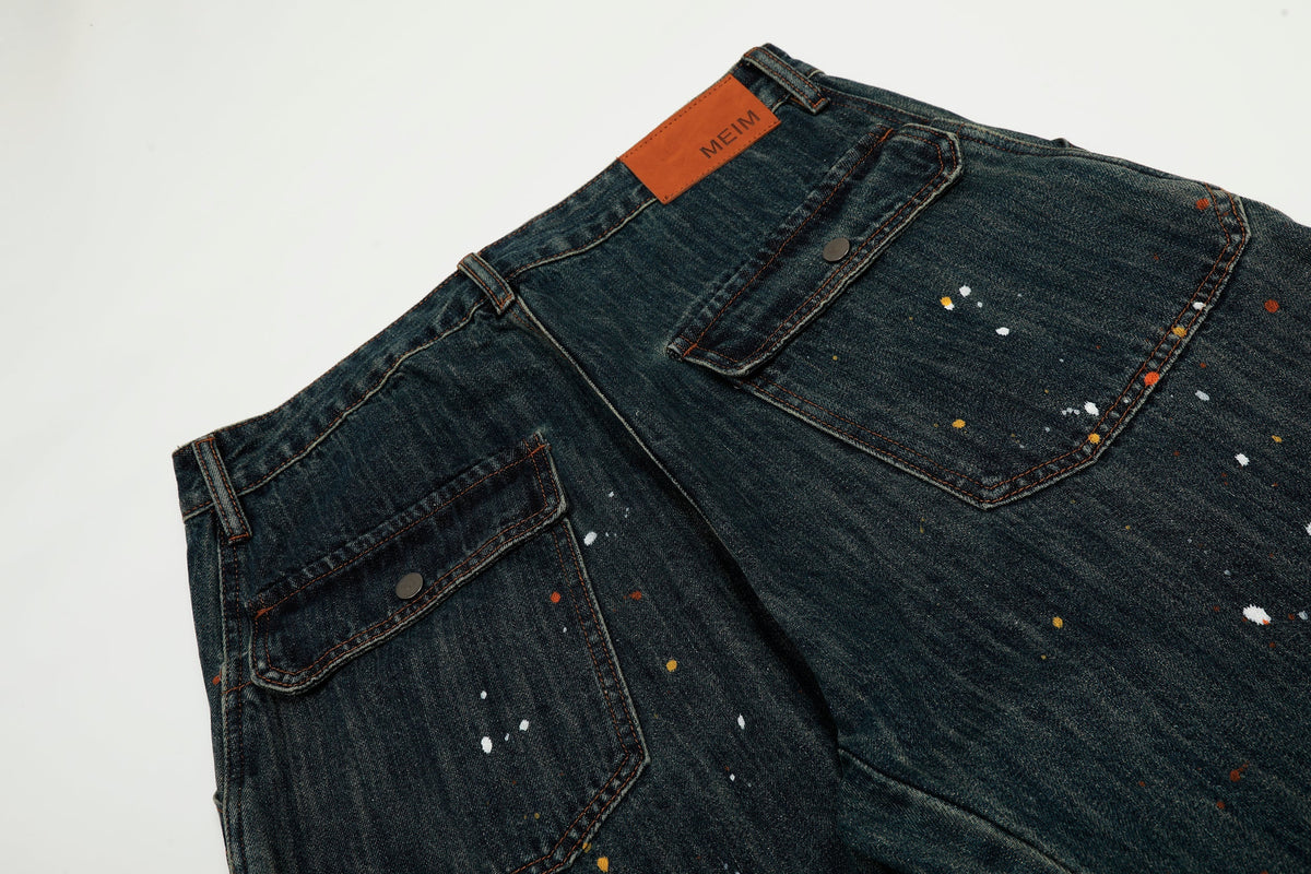 Calça Jeans Wide-Leg Patchwork com Respingos de Tinta Madxmarx