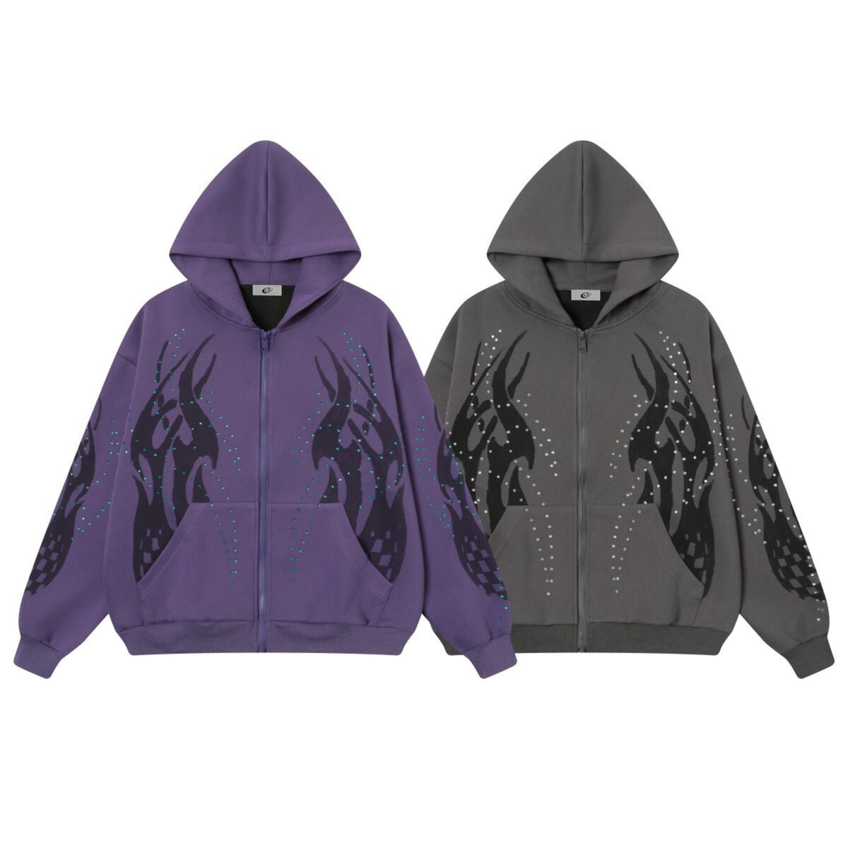 Madxmarx Flame Print Rhinestone Zip-Up Hoodie