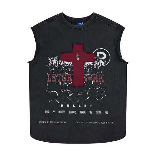 Madxmarx Distressed Cross Sleeveless T-Shirt - S / Black