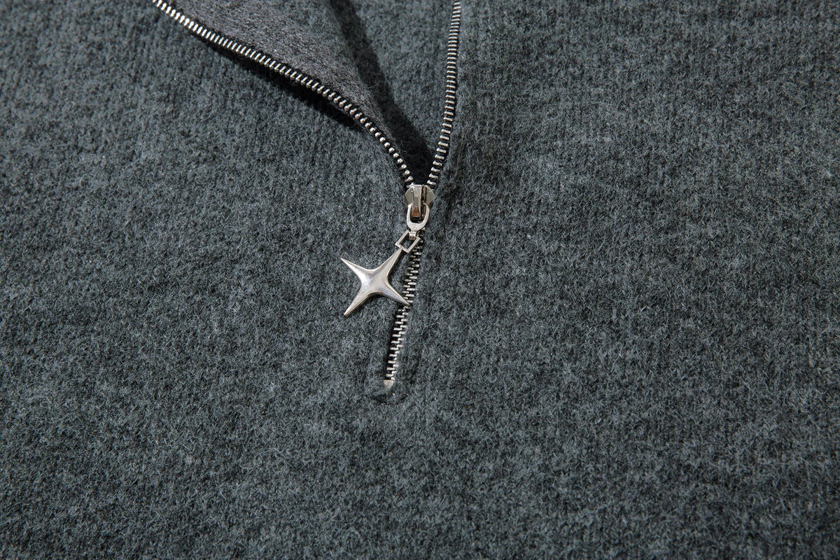 Madxmarx Distressed Hem Half-Zip Knit Sweater