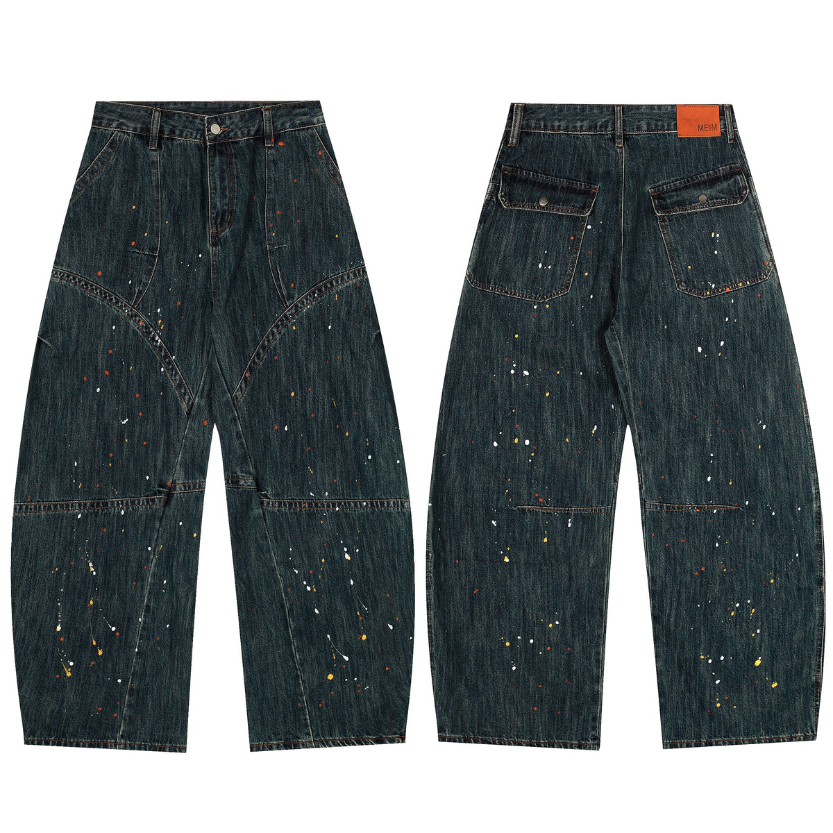 Calça Jeans Wide-Leg Patchwork com Respingos de Tinta Madxmarx
