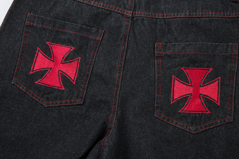 Madxmarx Red Stitch Embroidered Wide-Leg Jeans