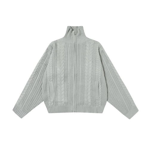Madxmarx High Neck Cable Knit Zip Sweater - M / Grey