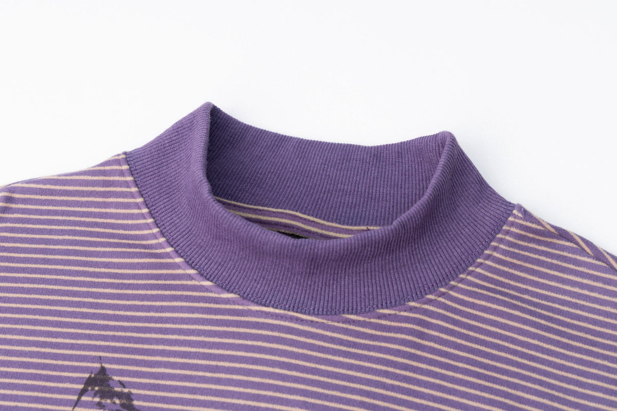Madxmarx Striped Cat Graphic Mock Neck Long Sleeve Tee