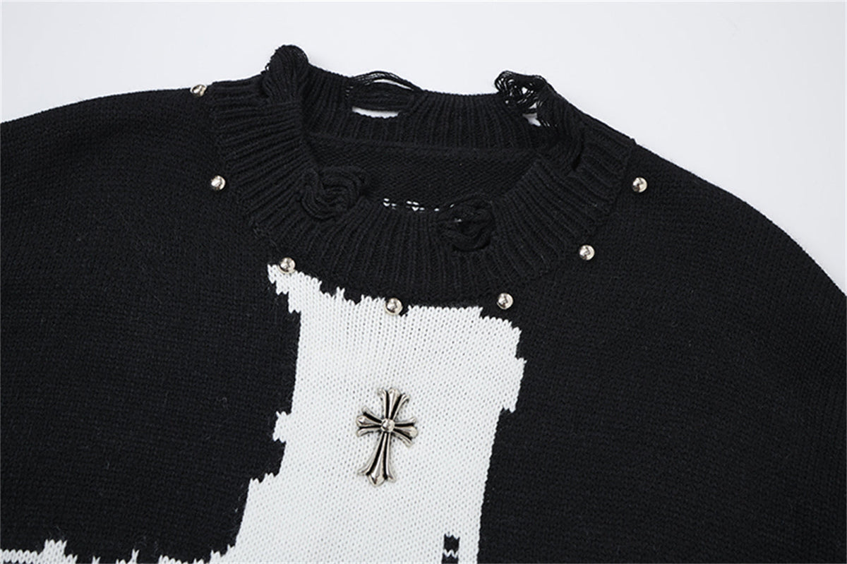 Madxmarx Distressed Cross Knit Sweater