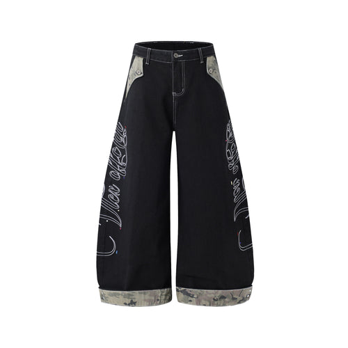 Madxmarx Camo Trim Wide-Leg Jeans - XS / Black