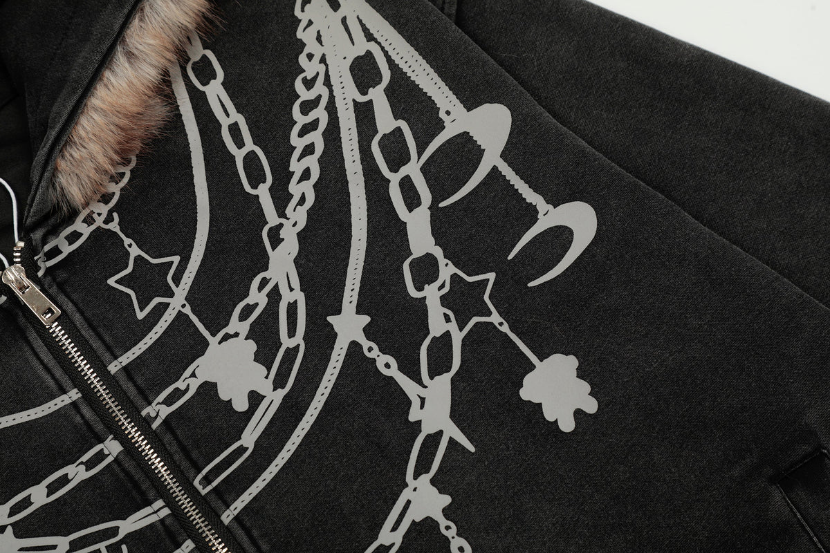 Madxmarx Chain Print Faux Fur Hooded Jacket