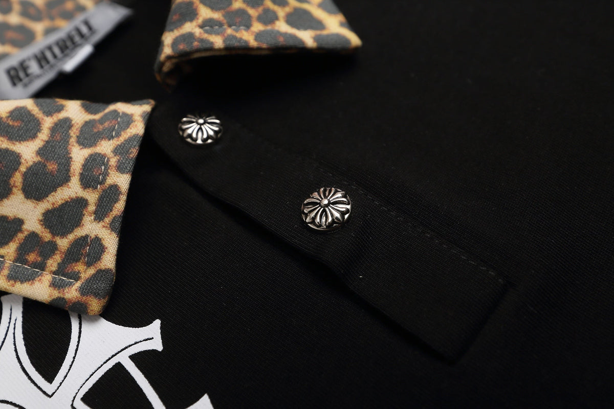 Madxmarx Gothic Cross Leopard Collar Polo Shirt